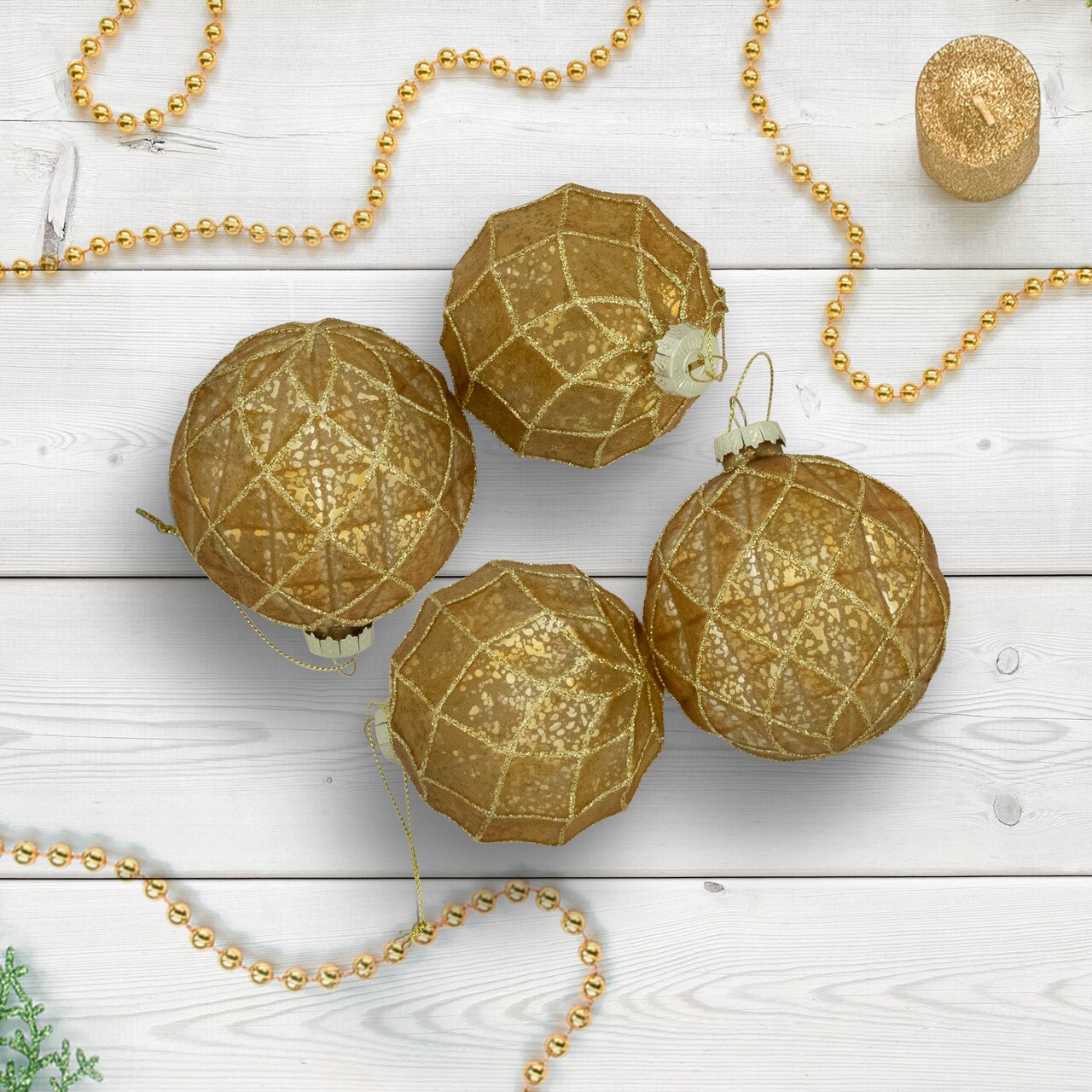 Northlight Geometric Glittered Mercury Glass Ball Christmas Ornaments - 3" (80mm) - Gold - 4ct